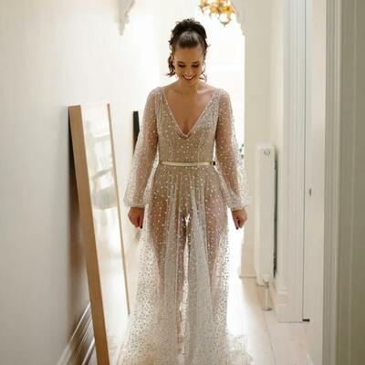 Luxury sparkle bling wedding dress, a-line sequins lace tulle bridal dress bridal gown