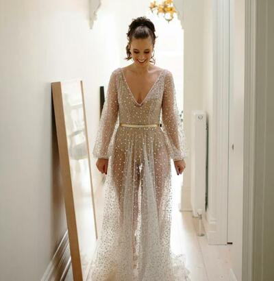 Luxury Sparkle Bling Wedding Dress, A-line Sequins Lace Tulle Bridal Dress Bridal Gown