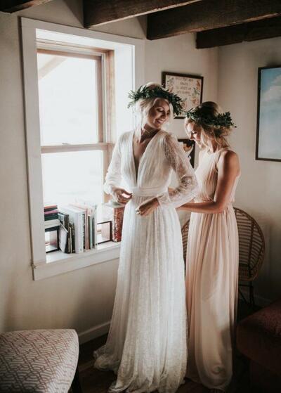 Chic Rustic Wedding Dress, Lace Bodice Chiffon Bridal Dress Bridal Gown