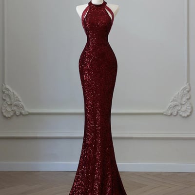 Burgundy sequins long mermaid prom party dress