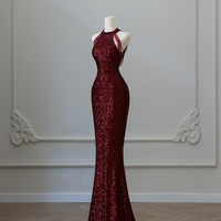 Burgundy Sequins Long Mermaid Prom Party Dress - Thumbnail 1