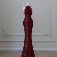 Burgundy Sequins Long Mermaid Prom Party Dress - Thumbnail 2