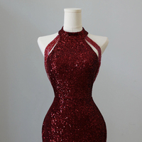 Burgundy Sequins Long Mermaid Prom Party Dress - Thumbnail 3