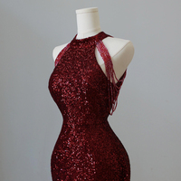Burgundy Sequins Long Mermaid Prom Party Dress - Thumbnail 4