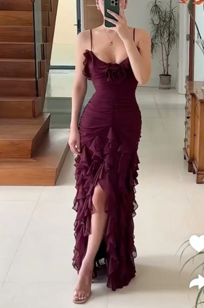 Spaghetti Straps Burgundy Chiffon Split Prom Dresses