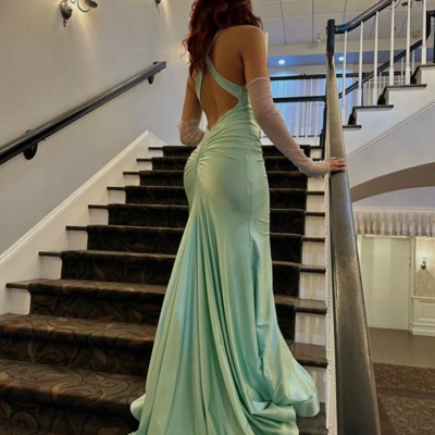 Mermaid v neck green open back evening dresses