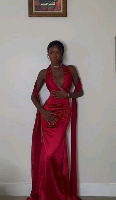 Sexy Mermaid Red Deep V Neck Prom Dresses