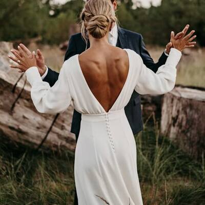 Sexy deep v-neck long sleeves chiffon wedding dress bridal dress wedding gown