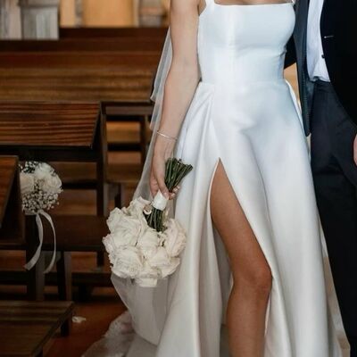 Simple sheath spaghetti straps side slit wedding dress bridal gown wedding gowns