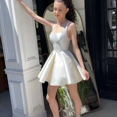 Elegant sequare neck ivory short prom dresses - Thumbnail 1