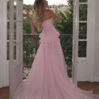 Strapless Charming Pink High Slit Prom Dress With Flower  - Thumbnail 1