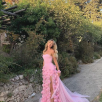 Strapless Charming Pink High Slit Prom Dress With Flower  - Thumbnail 2