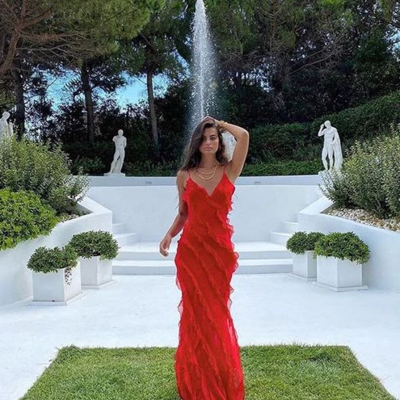 Beautiful red backless long prom dress with ruffle - Thumbnail 1