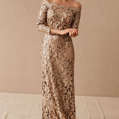 Elegant lace champagne mother of bride dresswith long sleeves - Thumbnail 1