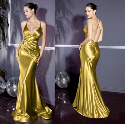 Mermaid Slim Straps Gold Stain Backless Prom Dresses 
