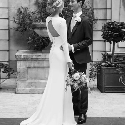 Elegant long sleeve satin open back mermaid bridal gowns - Thumbnail 1