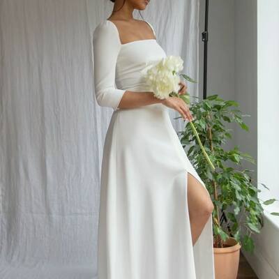 Simple sheath side slit beach boho wedding dress bridal dress wedding gown