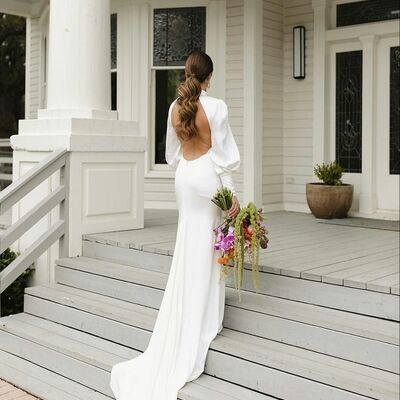 Simple mermaid wedding dress, open back satin bridal gown wedding gown