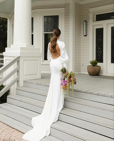Simple Mermaid Wedding Dress, Open Back Satin Bridal Gown Wedding Gown