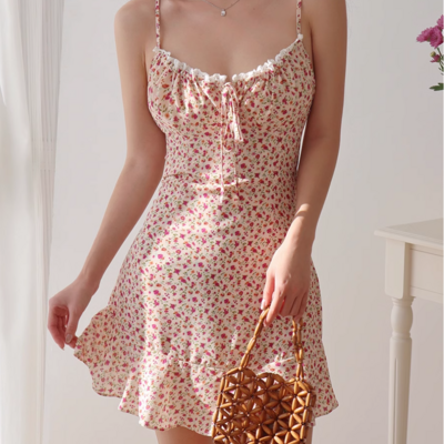 Retro floral print lace dress lace tie bowknot suspender dress - Thumbnail 4