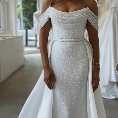 Luxury sheath off the shoulder pearls beach boho wedding dress bridal dress wedding gown