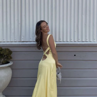 Simple straps yellow backless prom dresses