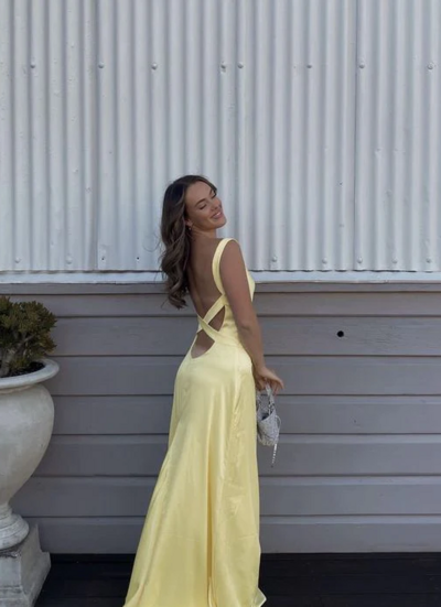 Simple Straps Yellow Backless Prom Dresses