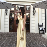 Simple A Line V Neck Floor Length Yellow Long Prom Dresses - Thumbnail 1