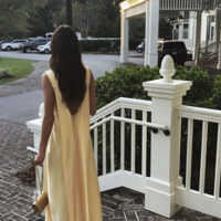 Simple A Line V Neck Floor Length Yellow Long Prom Dresses - Thumbnail 2