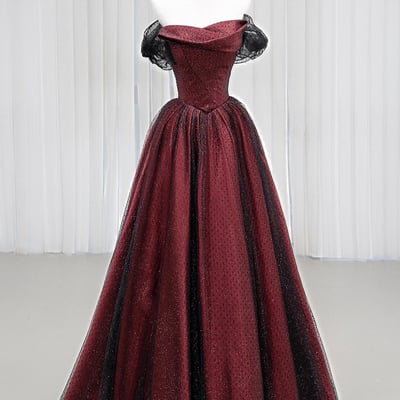Black tulle and burgundy satin long prom party dress - Thumbnail 1