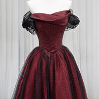 Black Tulle and Burgundy Satin Long Prom Party Dress - Thumbnail 1