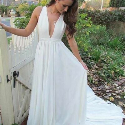Simple a line v neck wedding dress bridal gown wedding gown