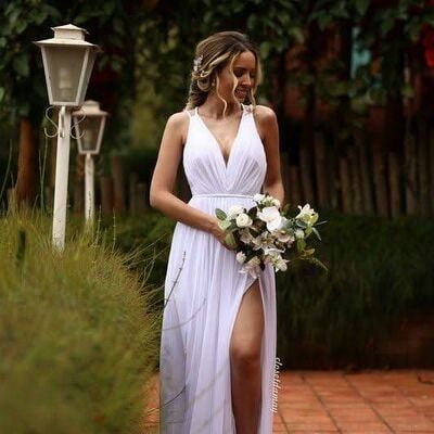 Simple a line v neck side slit wedding dress bridal gown wedding gown