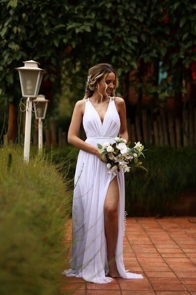 Simple A Line V Neck Side Slit Wedding Dress Bridal Gown Wedding Gown