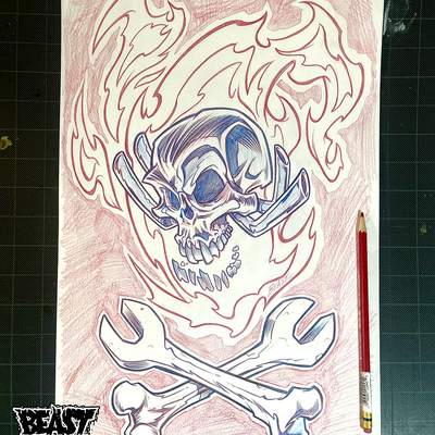 Hot rod skull pencil art