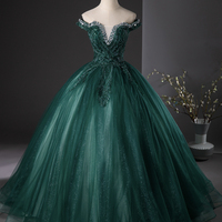 Green Tulle Beads Long Prom Formal Dresses - Thumbnail 5