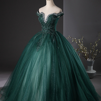 Green Tulle Beads Long Prom Formal Dresses - Thumbnail 1