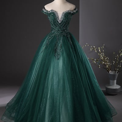 Green tulle beads long prom formal dresses - Thumbnail 1