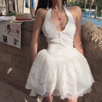 Sexy Holiday Lace Embroidery Girl Halter Neck Slim Dress - Thumbnail 4