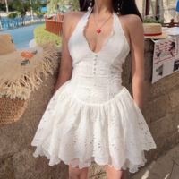 Sexy Holiday Lace Embroidery Girl Halter Neck Slim Dress - Thumbnail 5