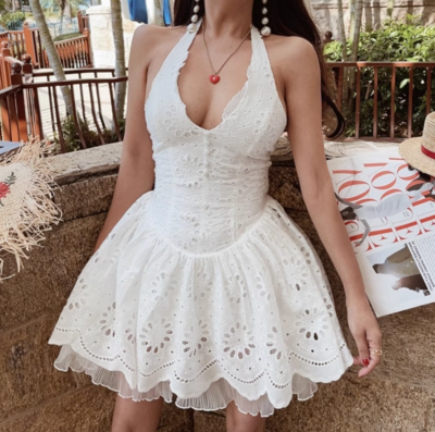 Sexy Holiday Lace Embroidery Girl Halter Neck Slim Dress