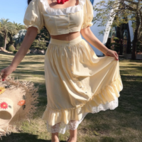 Light Yellow Long Skirt Lace Plaid Top Skirt Fashion Casual Suit - Thumbnail 1