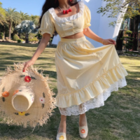 Light Yellow Long Skirt Lace Plaid Top Skirt Fashion Casual Suit - Thumbnail 2