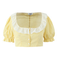 Light Yellow Long Skirt Lace Plaid Top Skirt Fashion Casual Suit - Thumbnail 7