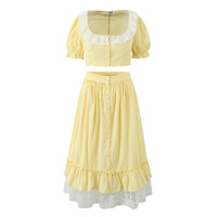 Light Yellow Long Skirt Lace Plaid Top Skirt Fashion Casual Suit - Thumbnail 8