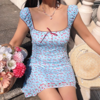 Retro small floral cherry print sexy square neck waist dress - Thumbnail 4