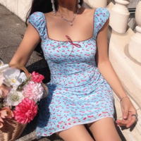 Retro small floral cherry print sexy square neck waist dress - Thumbnail 5