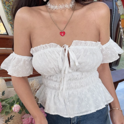 White ruffled lace-up off-shoulder top