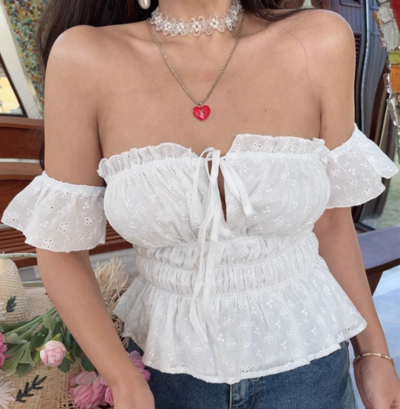 White ruffled lace-up off-shoulder top