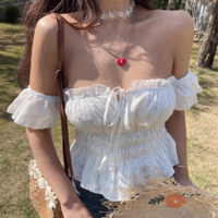 White ruffled lace-up off-shoulder top - Thumbnail 1